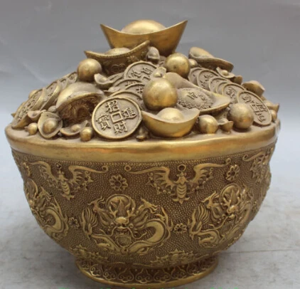 

JP S0214 9" Chinese Bronze Wealth Yuanbao Money dragon Foo Fu treasure bowl Statue B0403
