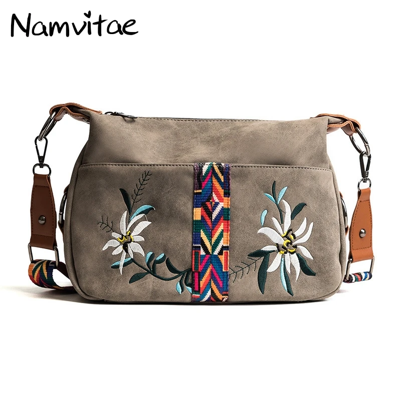 

Namvitae Nubuck Soft Leather Women Messenger Bags Retro Shoulder Bag Flower Embroidery Ladies Small Crossbody Bags for Women