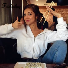 Fitshinling осенне-зимние женские толстовки на молнии с карманами, тонкая укороченная куртка, женская одежда на шнурке, белая сексуальная толстовка с капюшоном, хлопковые пальто