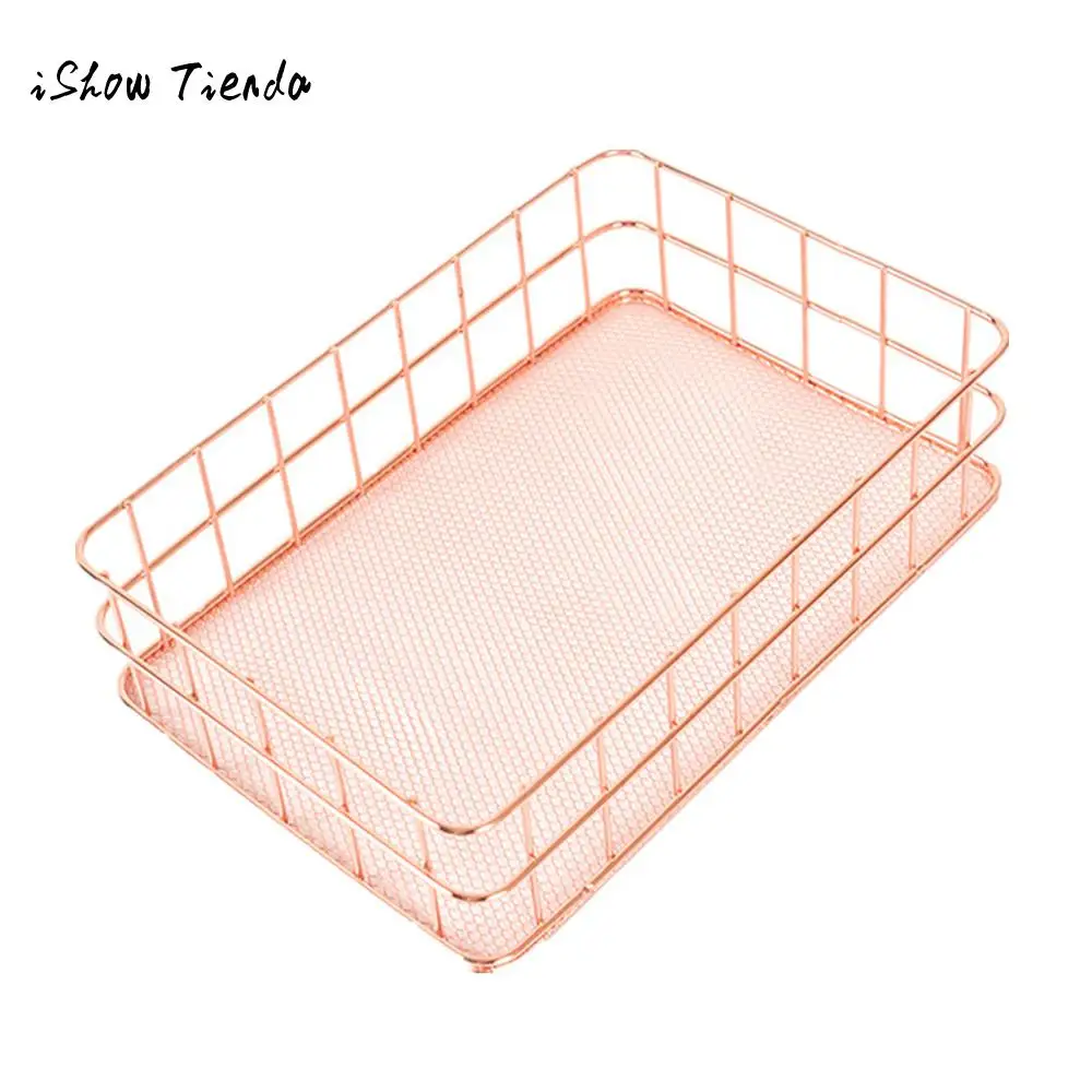 Metal Rose Gold Storage Basket Mesh Crate Vintage Kitchen Office Storage Desk Organizer Bath Storage Tools