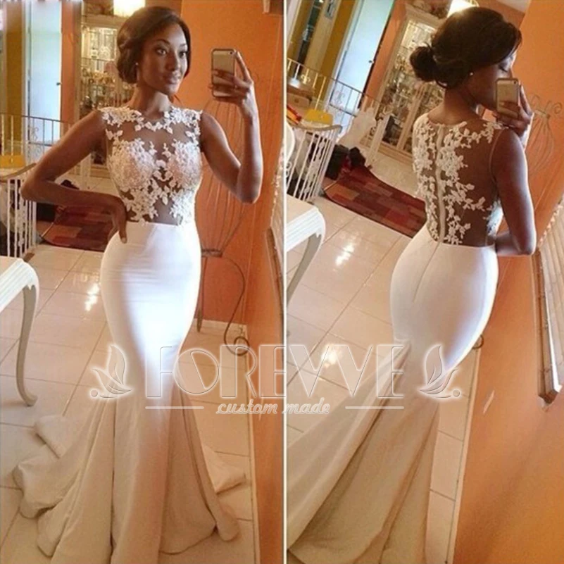 

Fashion White Appliques Evening Dress Long 2019 Sheer Mermaid Formal Evening Party Gowns Vestidos De Fiesta Abendkleider Abiye