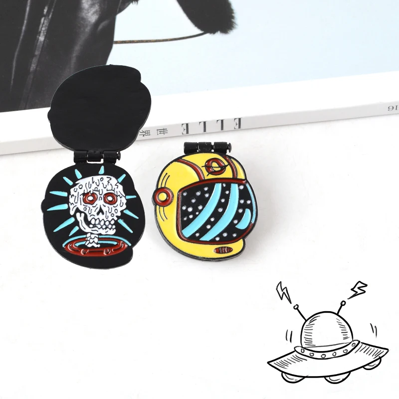 

Can Open ! The Universe Fancies UFO Astronaut ET Skull Alien Drive Aircraft Helmet Halloween Clamshell enamel Safe brooch pin