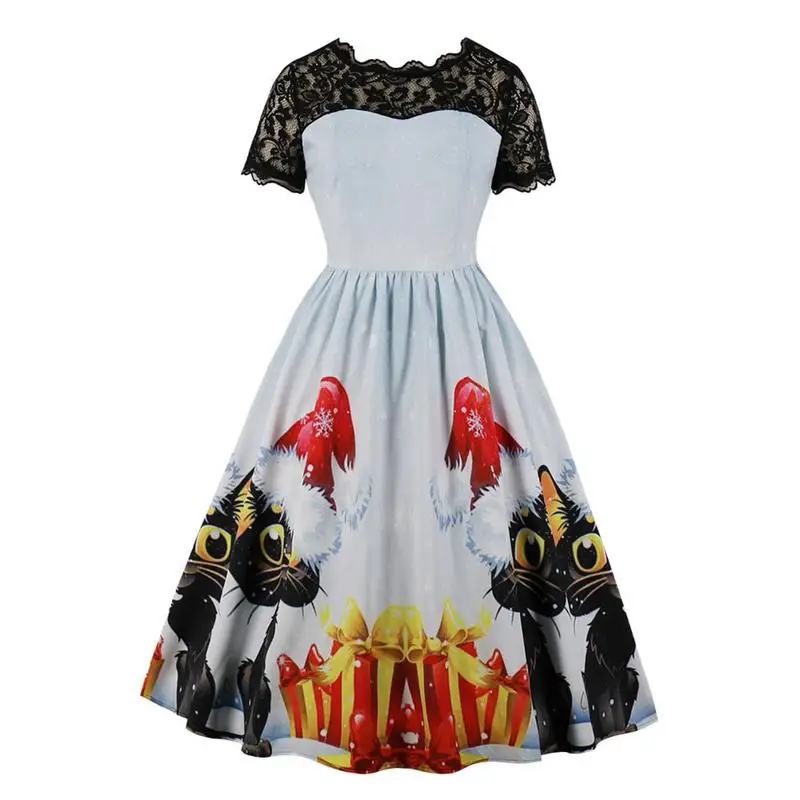 2018 Women Vintage Dress Lace Christmas Elf Cat Print Dresses Retro