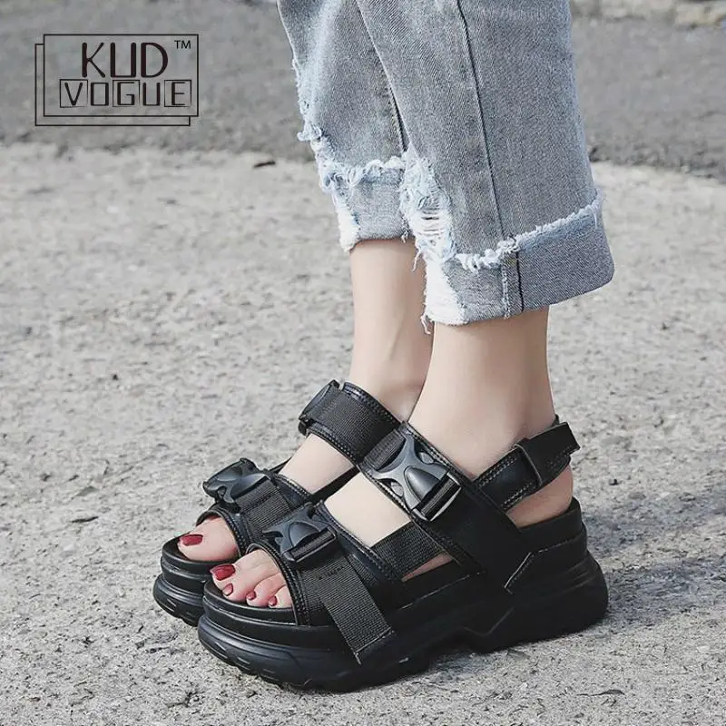 

KUDVOGUE 7cm Platform Sandals Women Wedge High Heels Shoes Women Buckle Leather Canvas Summer Zapatos Mujer Slipper Woman Sandal