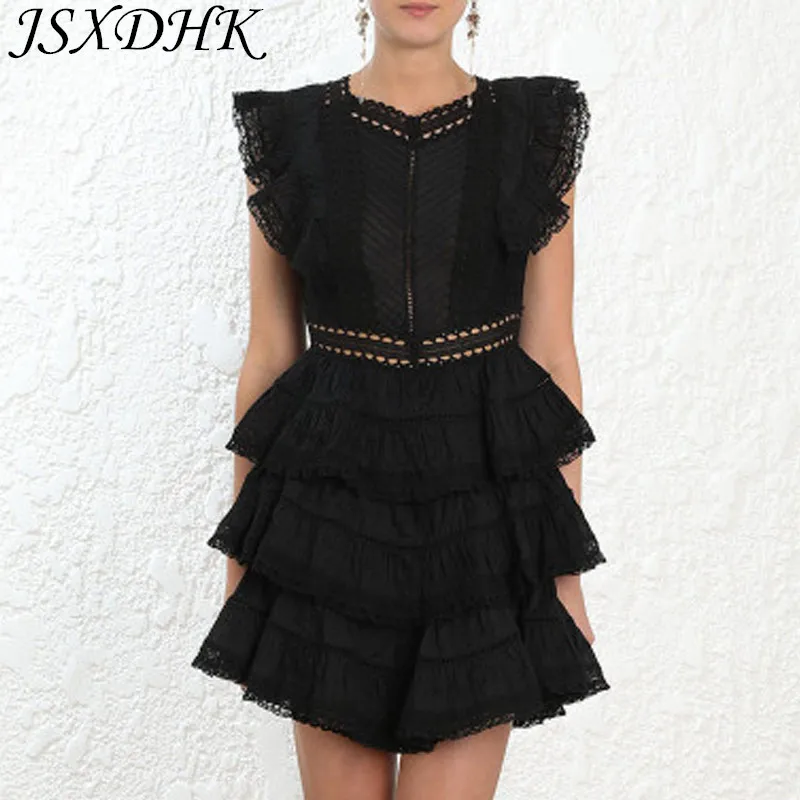 

JSXDHK Runway Designer Layers Ruffles Summer Holiday Women's Cotton Patchwork Lace Sexy Backless Bow Female Fashion Black Dress