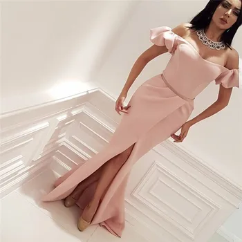 

Muslim Pink Prom Dress 2018 Mermaid Sleeves Satin Cut Sexy Islamic Formal Dubai Saudi Arabian Long Elegant Evening Dress