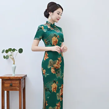 

2019 Sexy Long Cheongsam Traditional Chinese style Short Sleeve Dress Womens Summer Rayon Qipao Slim Party Dresses Vestido