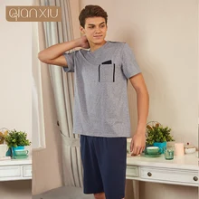 Летние мужские повседневные пижамные комплекты, Мужская футболка с коротким рукавом и круглым вырезом и шорты, хлопковый пижамный комплект больших размеров