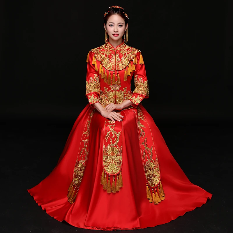 Красный традиционный Show невесты вышивка cheongsam замуж костюмы в китайском стиле торжественный свадебный наряд женские за рубежом китайский