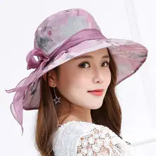 Yfashion New Women Elegant Foldable Wide Brim Bow Printed Cap Hat Beach Floppy Sunscreen Sun Hat for Women Female