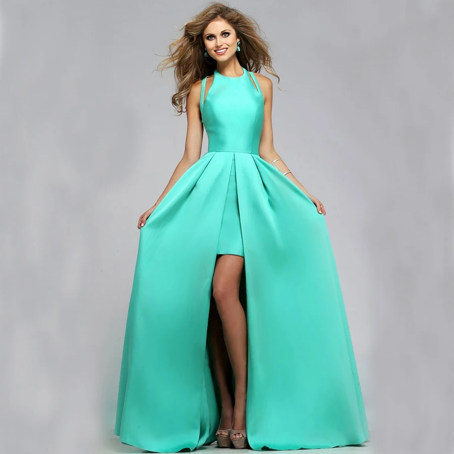 Mint Green Prom Dresses Satin Long Floor Length Backless Short Prom