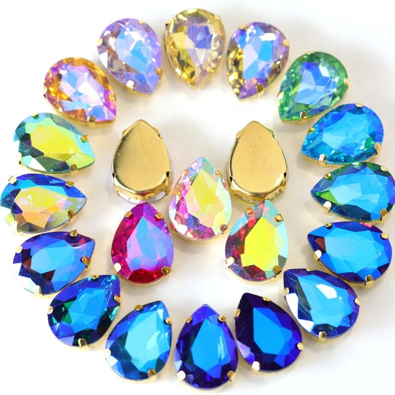 5 Sizes Colorful Sew On Rhinestones Crystal Teardrop Glass Sew On