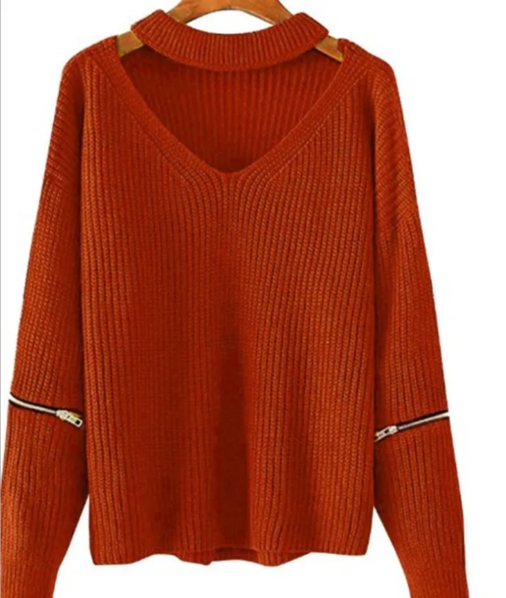Danjeaner осень зима вязаный свитер женский сексуальный Холтер v-образный вырез пуловер узкий молния УКРАШЕННЫЙ длинный рукав вязаный джемпер - Цвет: rust