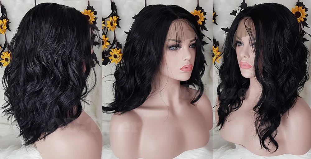 QD-Tizer Fashion Short Wavy Bob Hair Wig Black Wavy Wig Lob Hair Heat Resistant Synthetic Lace Front Wigs8