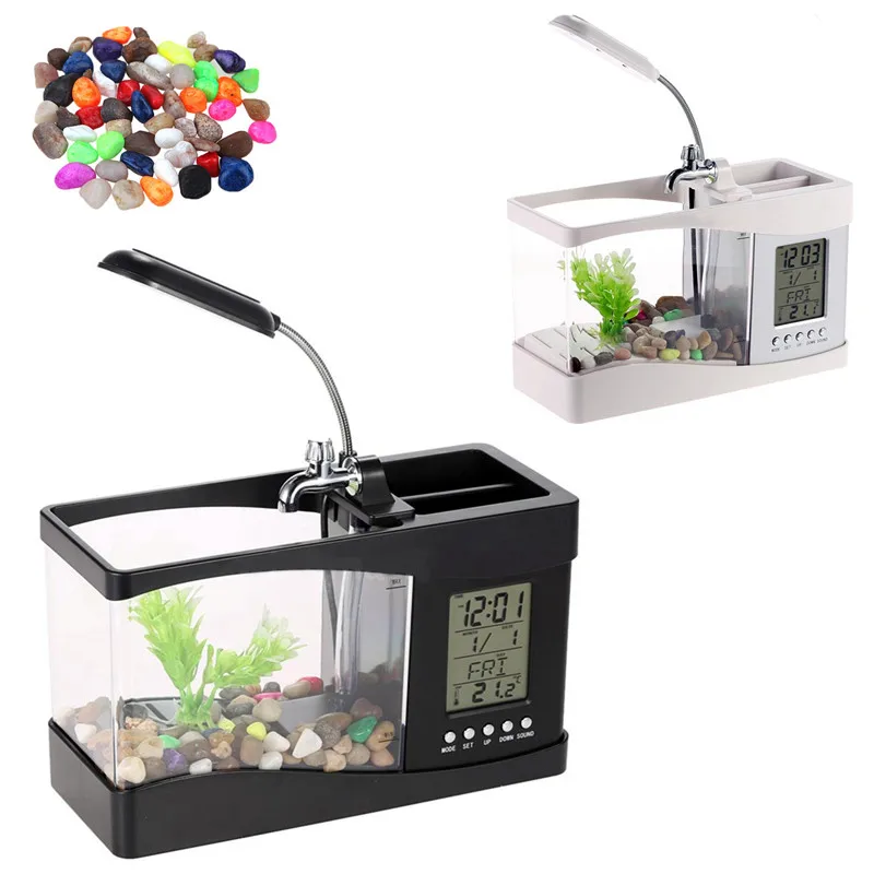

Aquarium Black/ White USB Mini Aquarium Fish Tank Aquarium with LED Lamp Light LCD Display Screen and Clock Fish Tank Aquarium