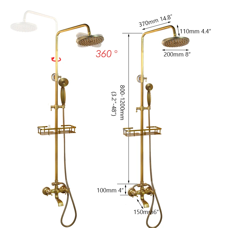 KEMAIDI античная латунь смеситель для душа набор 8 ''дождевая насадка для душа товар Полка ручка Смеситель кран Поворотный ванна носик для ванной душ