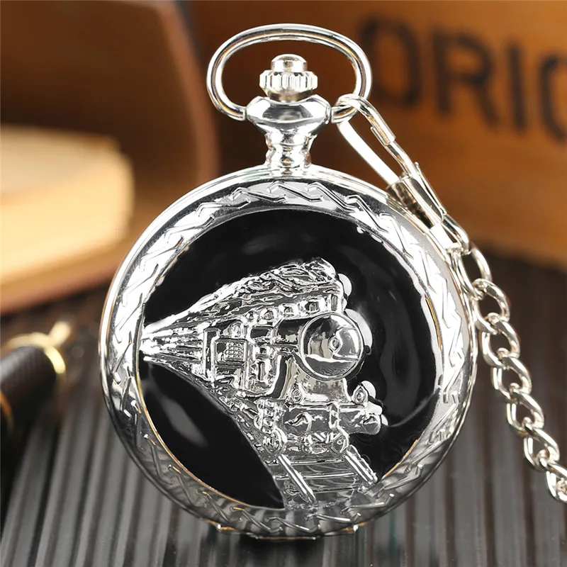 

Steampunk Pocket Watch 3D Running Locomotive Carving Fob Chain Cool Steam Train Clock Creative Gifts for Boys New Year Birthdays