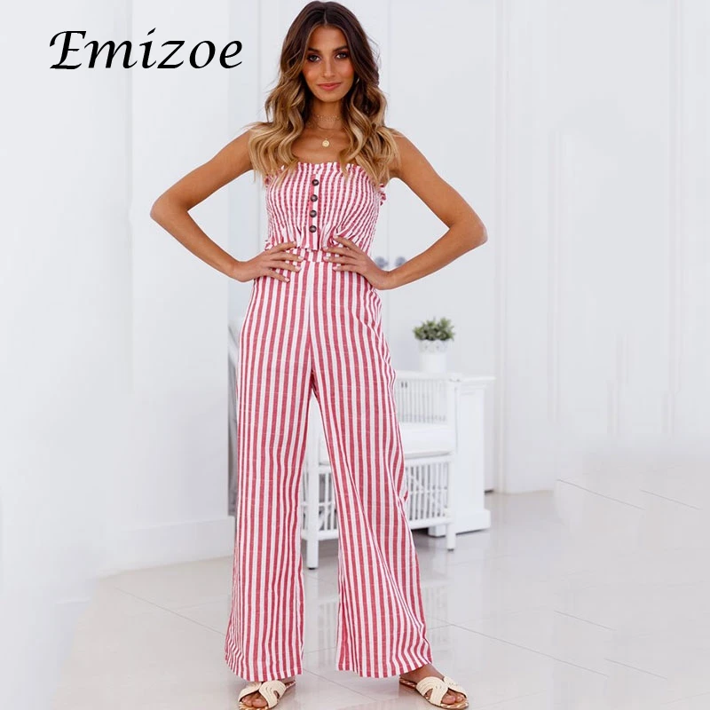 Emizoe 2018 summer cute striped jumpsuit rompers women bohemain beach