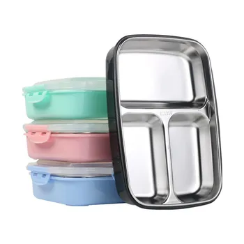 

304 Stainless Steel Double-Deck Lunch Bento Storage Box Student 3 Division Seal Up Water Heat Preservation Children Container