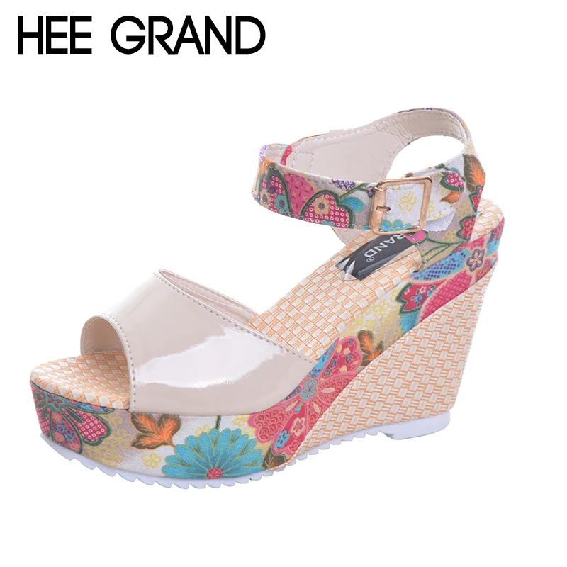 

HEE GRAND Florral Print Wedges Heel Sandals Summer Shoes Woman Buckle Strap Platform Sandals XWZ2557