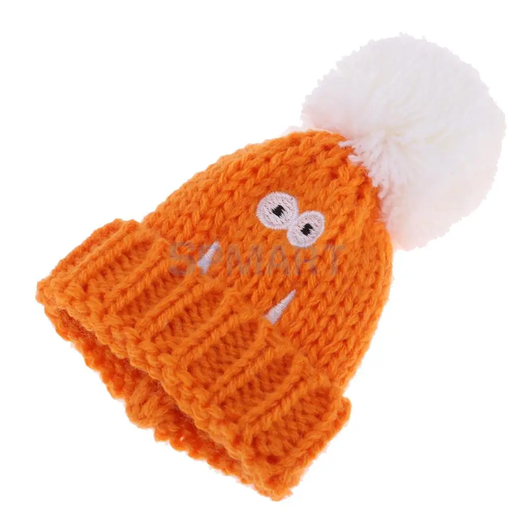 Handmade Knitted Orange Beanie Hat Ski Cap With Plush Woolen Ball Winter Garment For   Doll Christmas Accessory