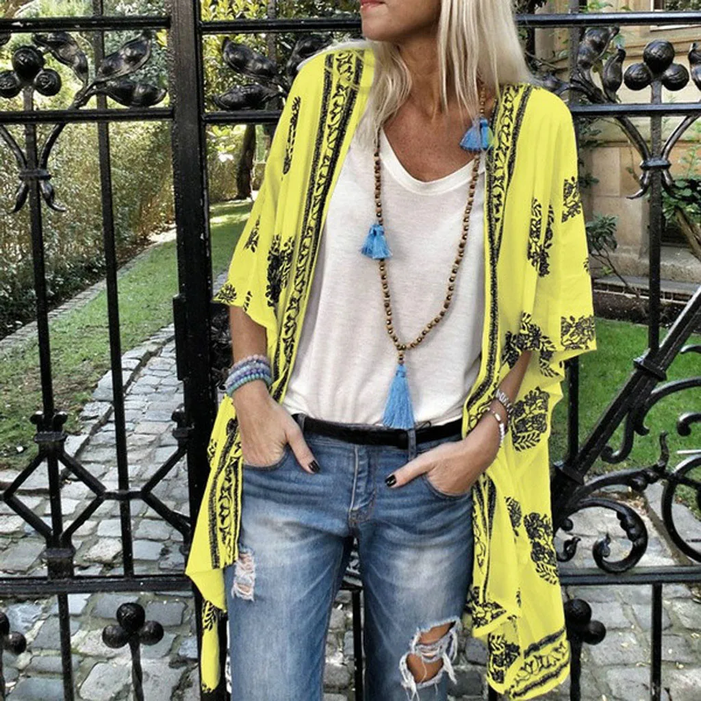 Plus Size Summer Fashion Boho Print Blouse Casual Loose Sheer Chiffon Cardigan Kimono Tops Female Women Half Sleeve Shirt Blusas