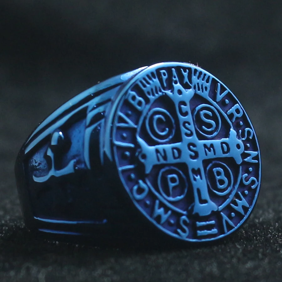 

New Arrival Saint Benedict of Nursia CSPB CSSML NDSMD 316L Stainless Steel Blue Ring