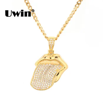 

Uwin Hiphop Mouth Tongue Pendant Necklace Gold Silver Color Micro Pave Cubic Zirconia Rock Band Rolling Stone Mens Jewelry