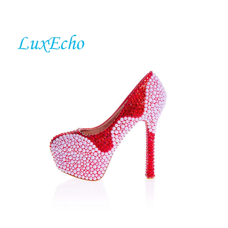 Винно-красные женские свадебные туфли с кристаллами; модельные туфли для невесты с белым жемчугом; женские свадебные туфли на платформе; туфли на высоком каблуке со стразами