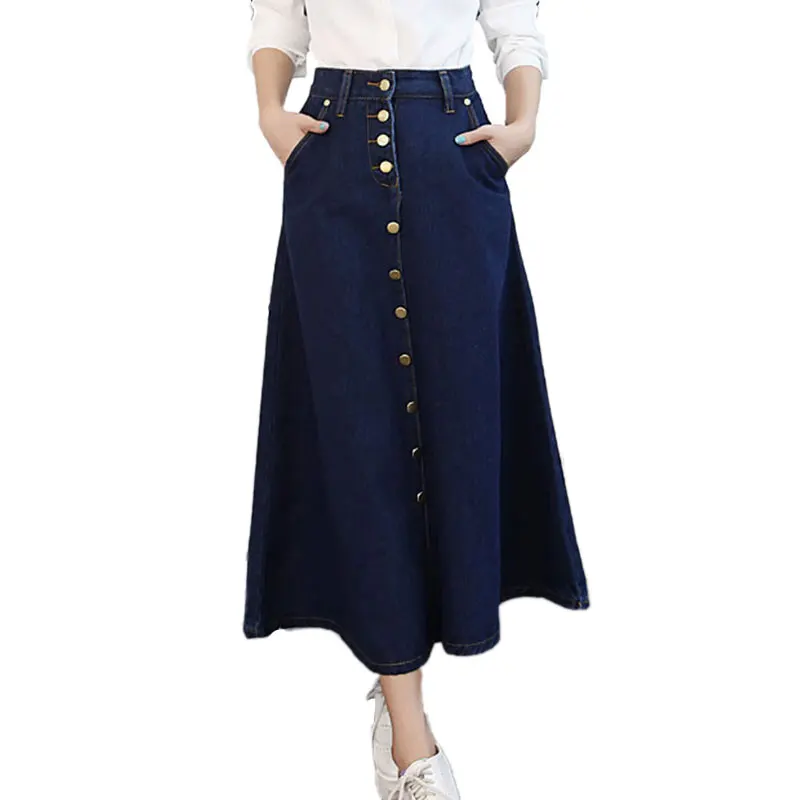 Модные длинные юбки до середины икры трапециевидной формы женские весенние и осенние хлопковые юбки однобортные S-2XL джинсовая юбка