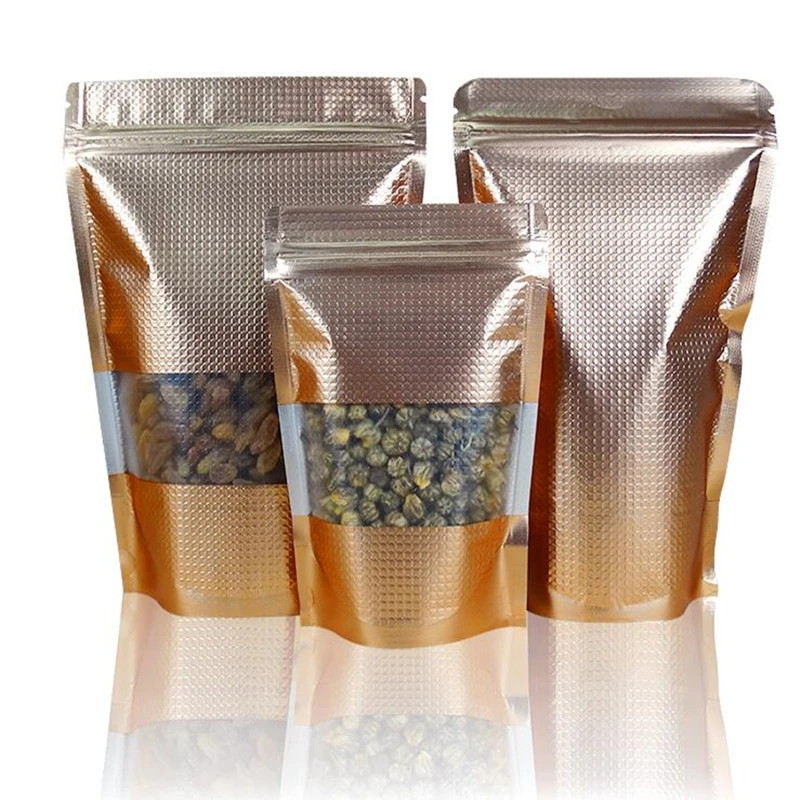 50pcs Golden Embossing Stand Up Mylar Bag With Window / Zip Lock