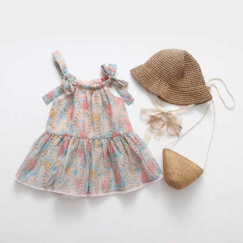 

High-end Organza Embroidery Hollow Baby Girls Summer Suspenders Dress Cute Toddlers Kids Sleeveless Dresses Girls