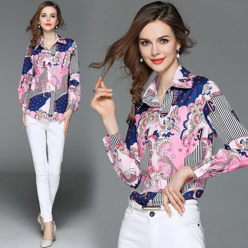 

Spot film - European new women's clothing collar shirt long sleeve printed cultivate one's morality joker