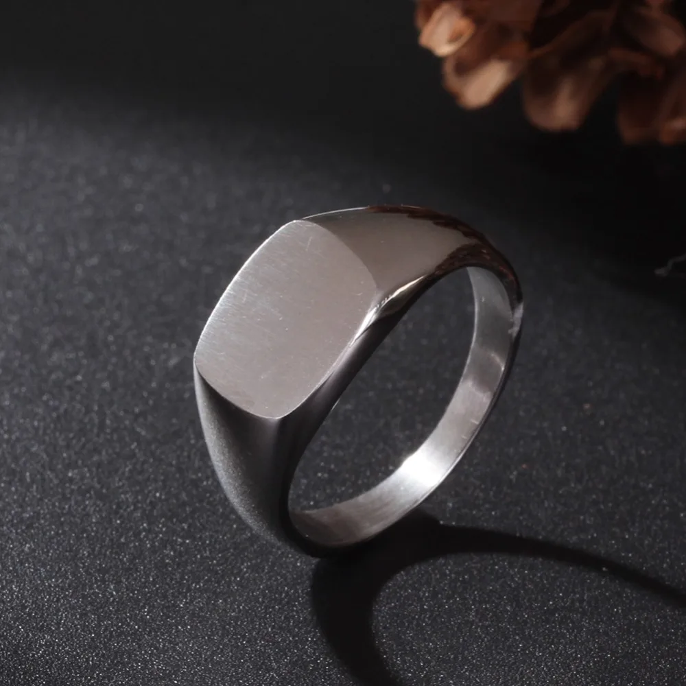 Square Brushed Signet Titanium Steel Wedding Rings Engraved Name Date DIY for Men Women