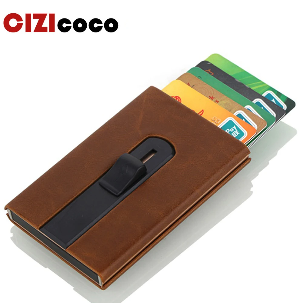 

New Automatic Pop Up Business ID Credit Card Holder Unisex Aluminum Anti-Theft Carzy Horse PU Leather Card Holder