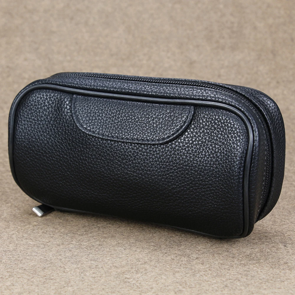 Classic Zipper Smoking Bag Black Lichee Pattern Leather Bag for 2 Pipes