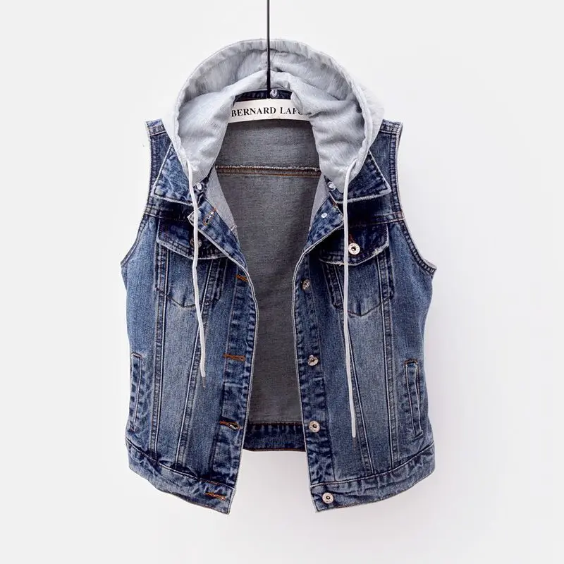 

Denim Sleeveless Jacket Women's Spring Autumn Detachable Short Hooded Coat Waistcoat Large size Women Jeans vest Casual Clothing