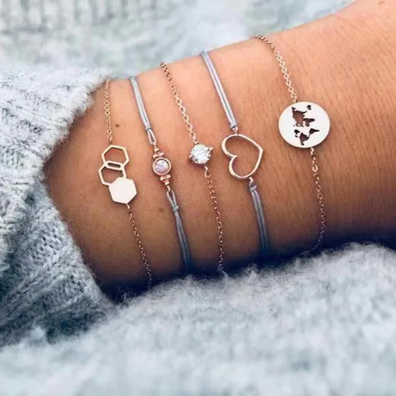 

5 Pcs/Set Hollow Love Heart Hexagon World Map Charm Bracelet Set for Women Bohemian Jewelry Shell Moon Life Tree Bracelet Bangle