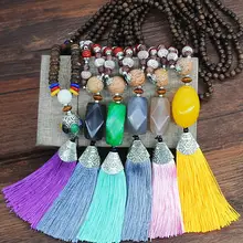 Этнические деревянные бусы камень кисточкой свитер цепи ожерелье ручной работы длинная одежда ожерелье