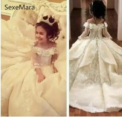 

Off-shoulder Neck Champagne Flower Girl Dresses For Weddings Floor Length Kids Pageant Gowns Communion Dress Special Occasion