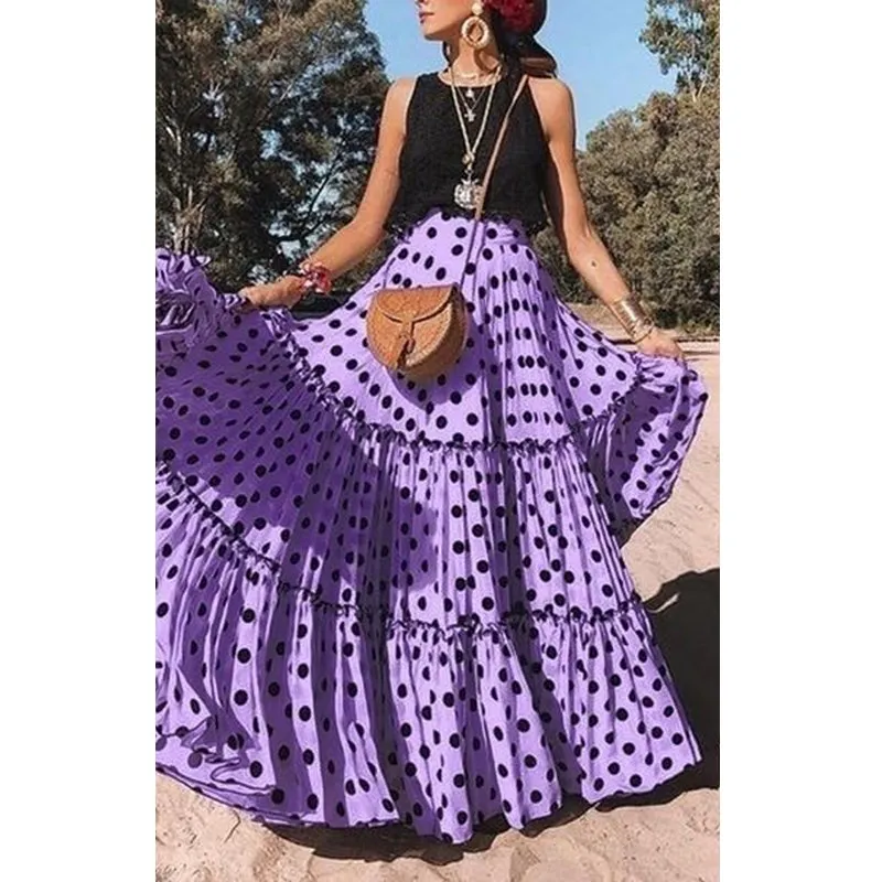 

2019 Summer Plus Size Polka Dot Print Maxi Tiered Skirts A-Line Women High Waist Pleated Skirt Sexy Beach Party Party Skirt