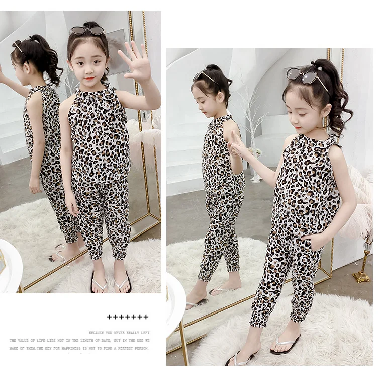 Conjuntos de Roupas Leopardo sem Mangas Camiseta + Calças Novas Crianças Verão Meninas Esportes Conjunto 2 Peças Roupas 4 6 8 10 12 13 Anos 2020 9 Cheap Conjuntos de roupas