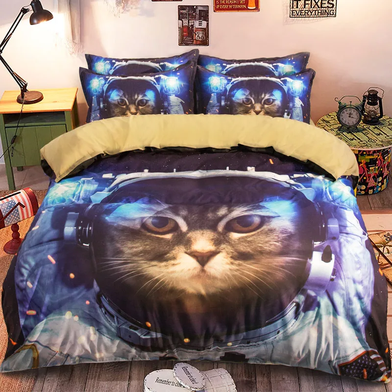 Space Cats 3 Pieces Cotton Bedding Sets Bed Flat Fitted Sheet Set Duvet