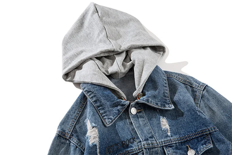 MORUANCLE Men Streetwear Ripped Jean Jackets With Holes Hi Street Distressed Denim Trucker Jacket Outerwear With Detachable Hood