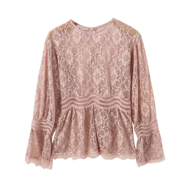 

Vintage Women Lace Top T-shirt O-neck French Style Elagant Lady Ruffles Hemline O-neck Solid Lace Long Sleeve Top T-shirt