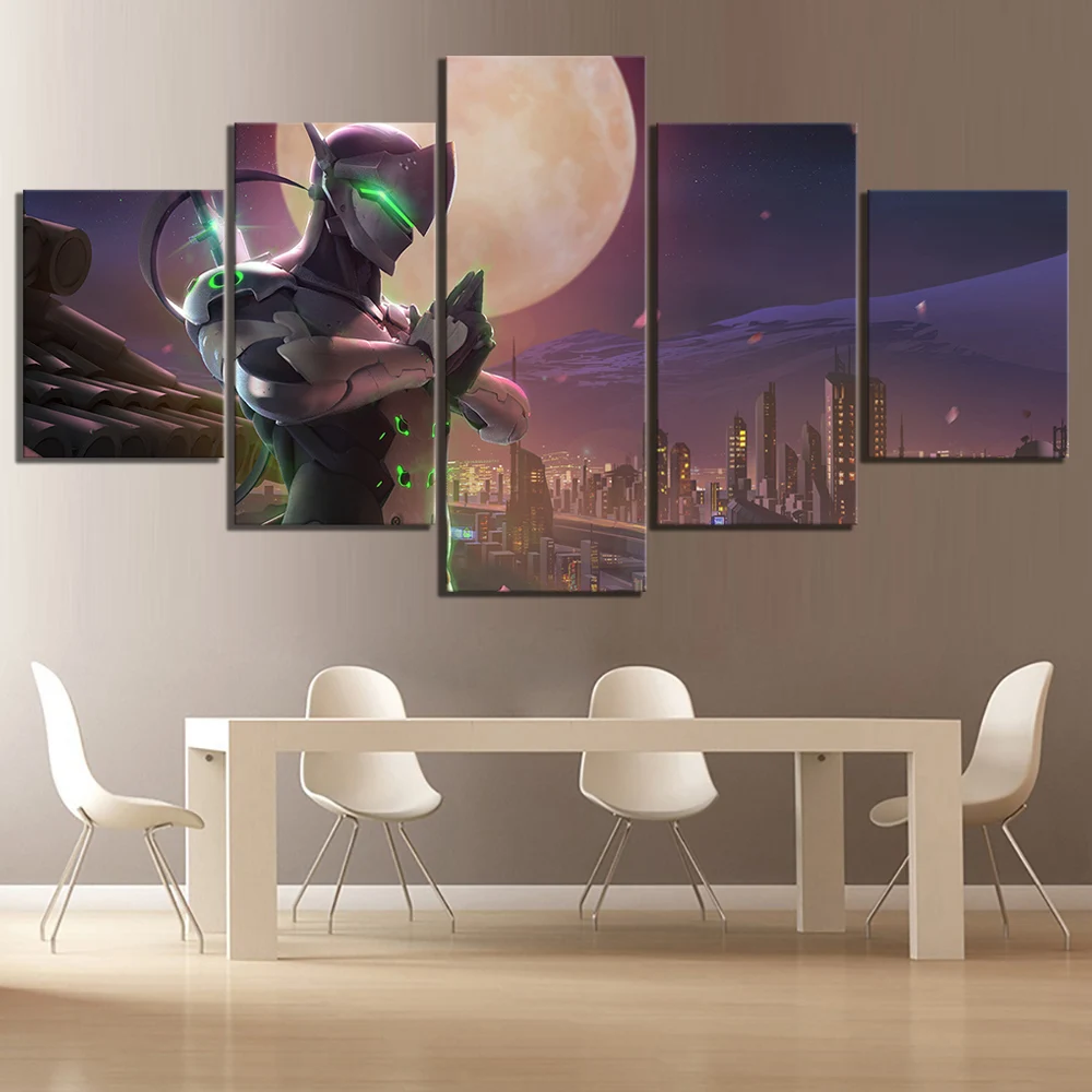

Modular Prints Pictures Home Decoration 5 Panel Genji OVERWATCH Video Game Scene Paintings Canvas Poster Bedroom Wall Art Frame