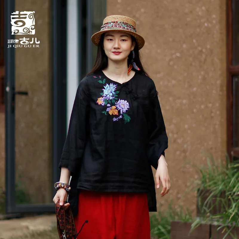 

Jiqiuguer Original Design Ethnic Women Summer Three Quarter Loose Blouse Retro Literary Embroidered Ramie Top G191Y019