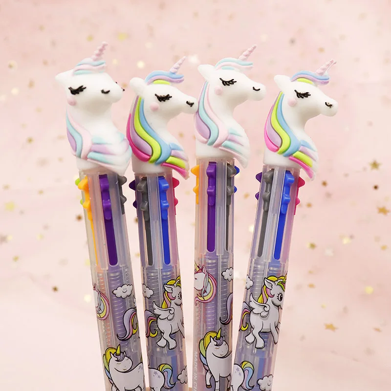 

Cute Kawaii Cartoon Animal Unicorn Press Ballpoint Pen 6-color Ball Pen Multi-Colored Stylo for Kids School Stationery Gift