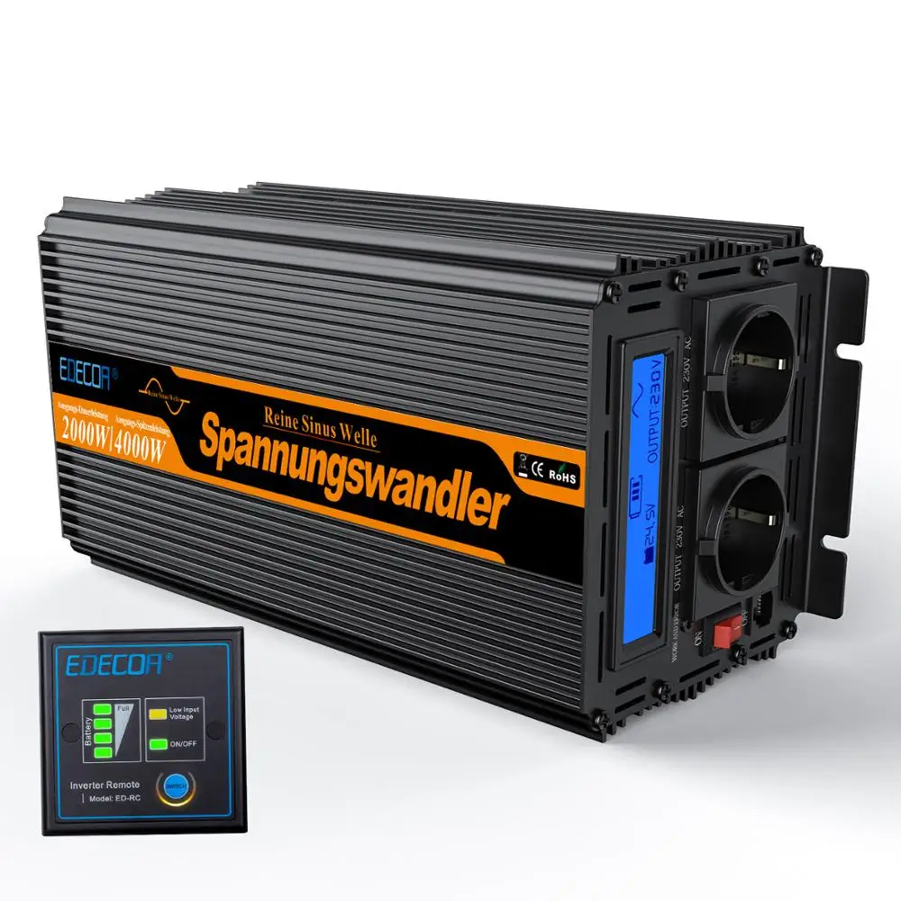 

EDECOA 2000w pure sine wave DC 24V to AC 220v 230v 240v power inverter peak 4000w