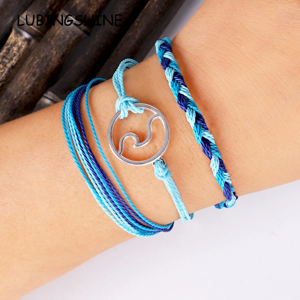 

3pcs/set Bohemia Woman Ocean Wave Charms Bracelet Braided Adjustable Chain Multilayer Bracelets Wristband Anklet Jewelry